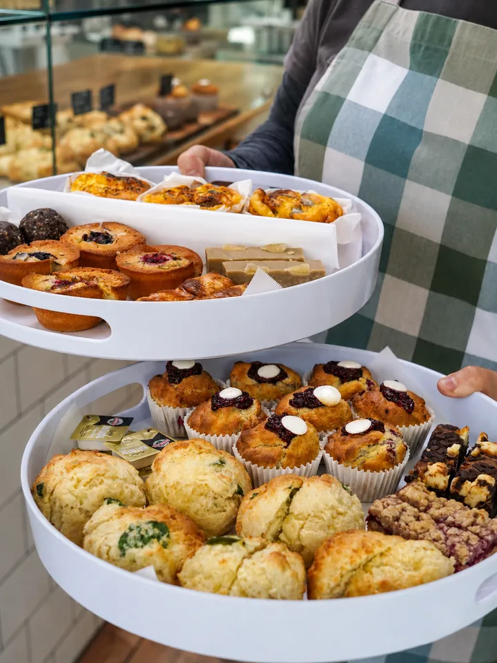 Fresh cabinet baking prepared at Little Long Espresso