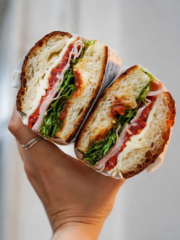 Sandwich held in front of the Little Long Espresso counter